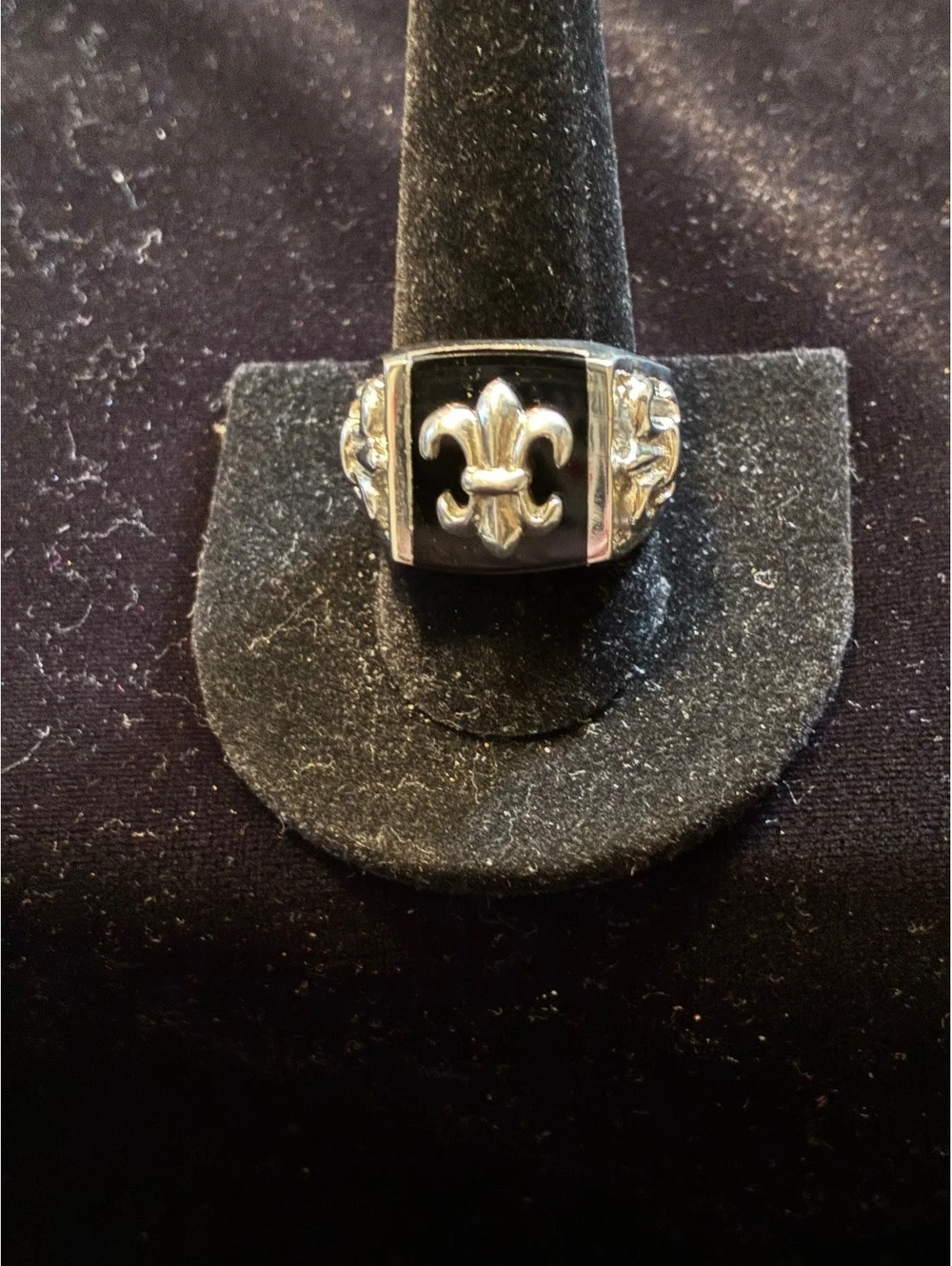 Men’s Stainless Steel Fleur-De-Lis Black Onyx Signet Statement Ring - Size 10